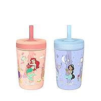 Disney Princess Kelso Toddler Cups For Travel or Home, 15oz 2-Pack Plastic Sippy Cups, Leak-Proof For Kids (Ariel, Aurora, Belle, Cinderella, Jasmine, Mulan, Rapunzel, Tiana)