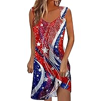 Women American Flag Midi Dress Summer V Neck Sleeveless Dresses for Women 2024 Hook and Eye USA Dress