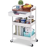 TOOLF 3-Tier Utility Rolling Cart with Drawer & Wooden Board, Metal Storage Cart with Handle, White Trolley Kitchen Organizer Rolling Desk with Locking Wheels for Office, Classroom, Dorm, Bedroom
