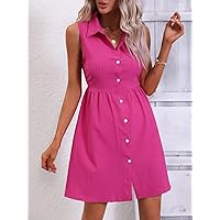 2023 Women's Dresses Solid Button Front Shirt Dress Women's Dresses (Color : Hot Pink, Size : Small)