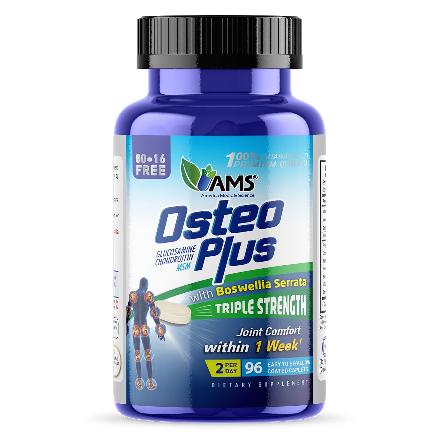 America Medic & Science Osteo Plus (96 caplets) | Advanced Joint Supplement for Men and Women | Joint Pain Relief and Cartilage Support | with Natural Boswellia Serrata, MSM, Vitamin C, & Chondroitin
