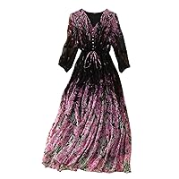 Women Dress Silk Floral Printed V Neck 3/4 Sleeve Ruffles Drawstring Waist Midi Black A Line Skirt 2777