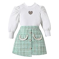 Toddler Girls Autumn/Winter Bubble Sleeve Cutout Heart Top And Plaid Printed Button Down Skirt Girl Fall Outfits