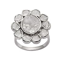 1.80 CTW Natural Diamond Polki Traditional Cocktail Floral Ring, 925 Sterling Silver Platinum Plated Handmade Women Ring