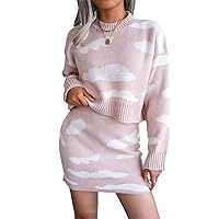 Kissonic Women's 2 Piece Sweatsuit Cloud Print Crewneck Knit Pullover Sweater Skirt Set(Pink-M)