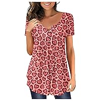 Ladies' Valentines Day Shirt: Heart Graphic Tees with a V-Neck and Trendy Button Details. Spring/Summer Casual Tops