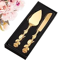 Cake Cutting Set for Wedding Gold Cake Cutter and Server Set with Rose Handle Elegant 2Pcs Cake Serving Set Gift for Engagement, Anniversary, Birthday, Party