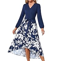 JASAMBAC Womens Floral High Low Semi Formal Lantern Long Sleeve Patchwork Flowy Maxi Dresses with Pockets