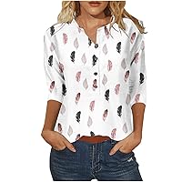Floral Print Summer Tops for Women 3/4 Sleeve T Shirts Casual V-Neck Button Up Blouses 2024 Fashion Comfy Dressy Tshirts