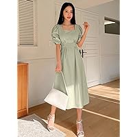Dresses for Women - Square Neck Puff Sleeve Dress (Color : Green, Size : Small)