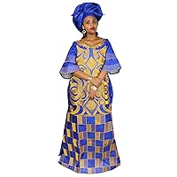 TIDOIRSA African Dresses for Women,Bazin 3/4 Sleeves Inelastic Maxi Dress with Scarf