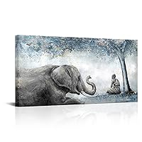 SkenoArt Human Animals at Peace Nature Canvas Wall Art for Living Room Decor Elephant with Monk in Tree Forest Painting Print Zen Picture Artwork Home Bedroom Bathroom Wall Decor Ready to Hang