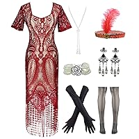 FUNDAISY Womens Vintage Lace Fringed Gatsby 1920s Cocktail Dress with 20s Accessories Set