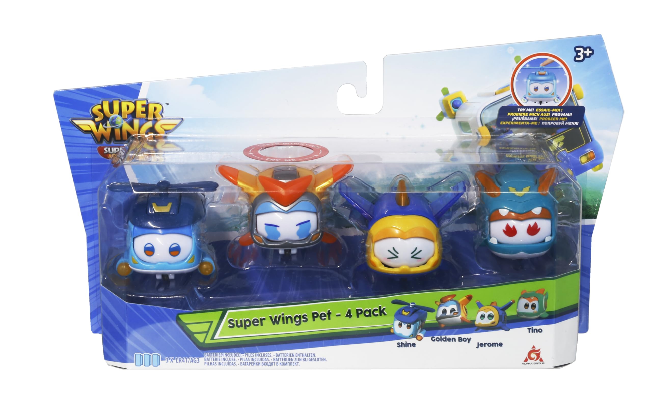 Super Wings Super Pets 4-Pack Collection Super Pets Jerome, Golden Boy, Shine, Tino, Vehicle Action Figure, with Light Effect and Switch Emotion Expressions, Gifts for Kids Aged 3 and Up