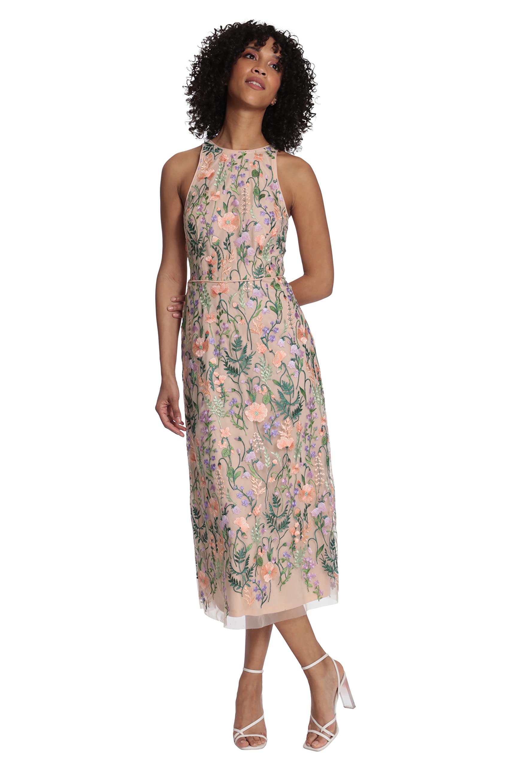 Maggy London Women's Floral Embroidered Halter Midi Dress with Back V-Neck