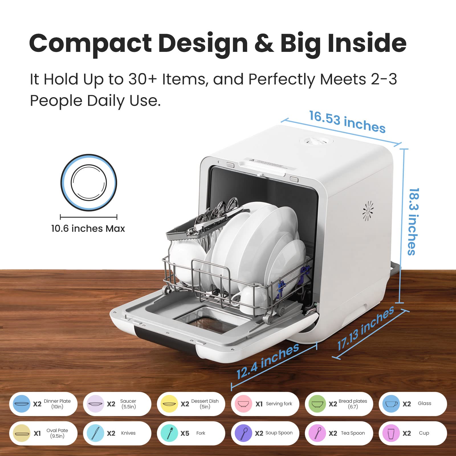 COMFEE' Countertop Dishwasher, Portable Dishwasher with 6L Built-in Water Tank, Mini Dishwasher with More Space Inside, 7 Programs, UV Hygiene& Auto Door Open, for Apartments, Dorms& RVs