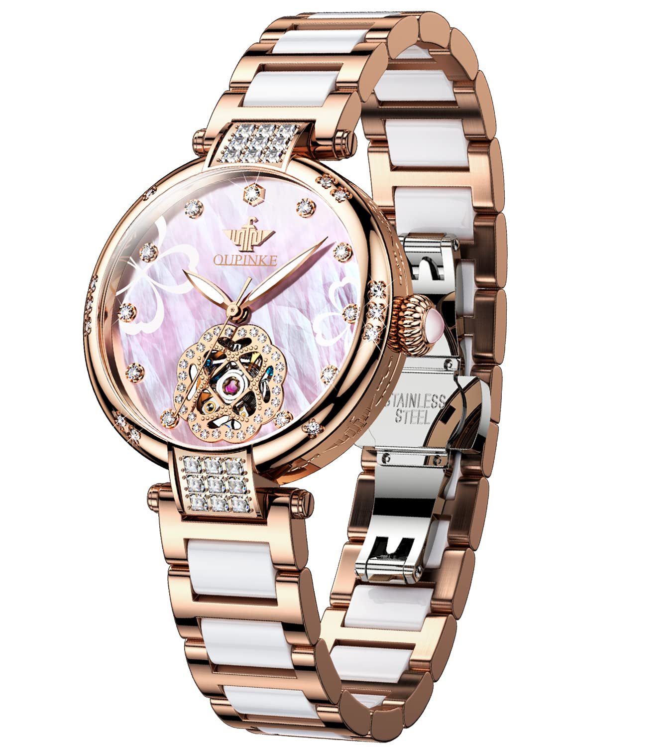 OUPINKE Watches for Women Mechanical Self Winding Dress Luxury Diamond Dial Rose Gold Ceramic Waterproof Luminous Ladies Wrist Watch Gift Set