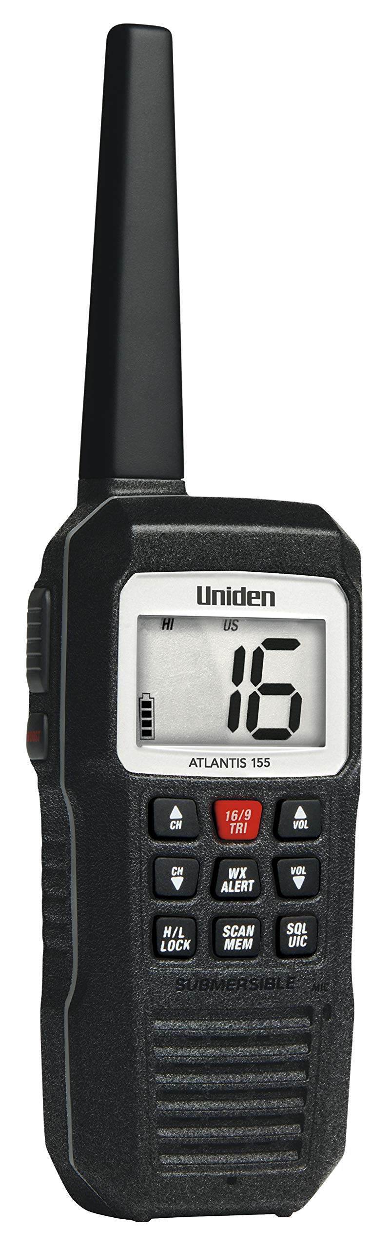 Uniden Atlantis 155 Handheld Two-Way VHF Marine Radio, Floating IPX8 Submersible Waterproof, Dual-Color Screen, All USA/International/Canadian Marine Channels, NOAA Weather Alert, 10 Hour Battery