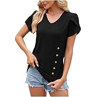Women's Summer Dressy Casual Blouse V Neck Petal Short Sleeve Button Decor Shirts Work Tunic Tops Solid Flowy Tshirt