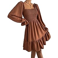PEHMEA Women's Square Neck Long Puff Sleeve Dress A-line Smocked Ruffle High Waist Mini Sundress
