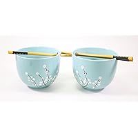 ラーメンボウル [Set of 2] Blue Flower Bowls w 2 pairs of Wooden Chopsticks, Rice Udon Noodle Bowl For Home Decor Utensils (F15671) ~ We Pay Your Sales Tax
