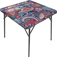 Bohemian Tablecloth, Colorful Paisley Boho Floral, Elastic Edge, Can Wipe Indoor/Outdoor Dining Table Cover, Fit for 55