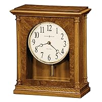 Howard Miller Leadore Mantel Clock 547-726 – Golden Oak Finish, Antique Home Decor, Brass-Finished Cylindrical Pendulum, Volume Control, Quartz, Dual-Chime Movement