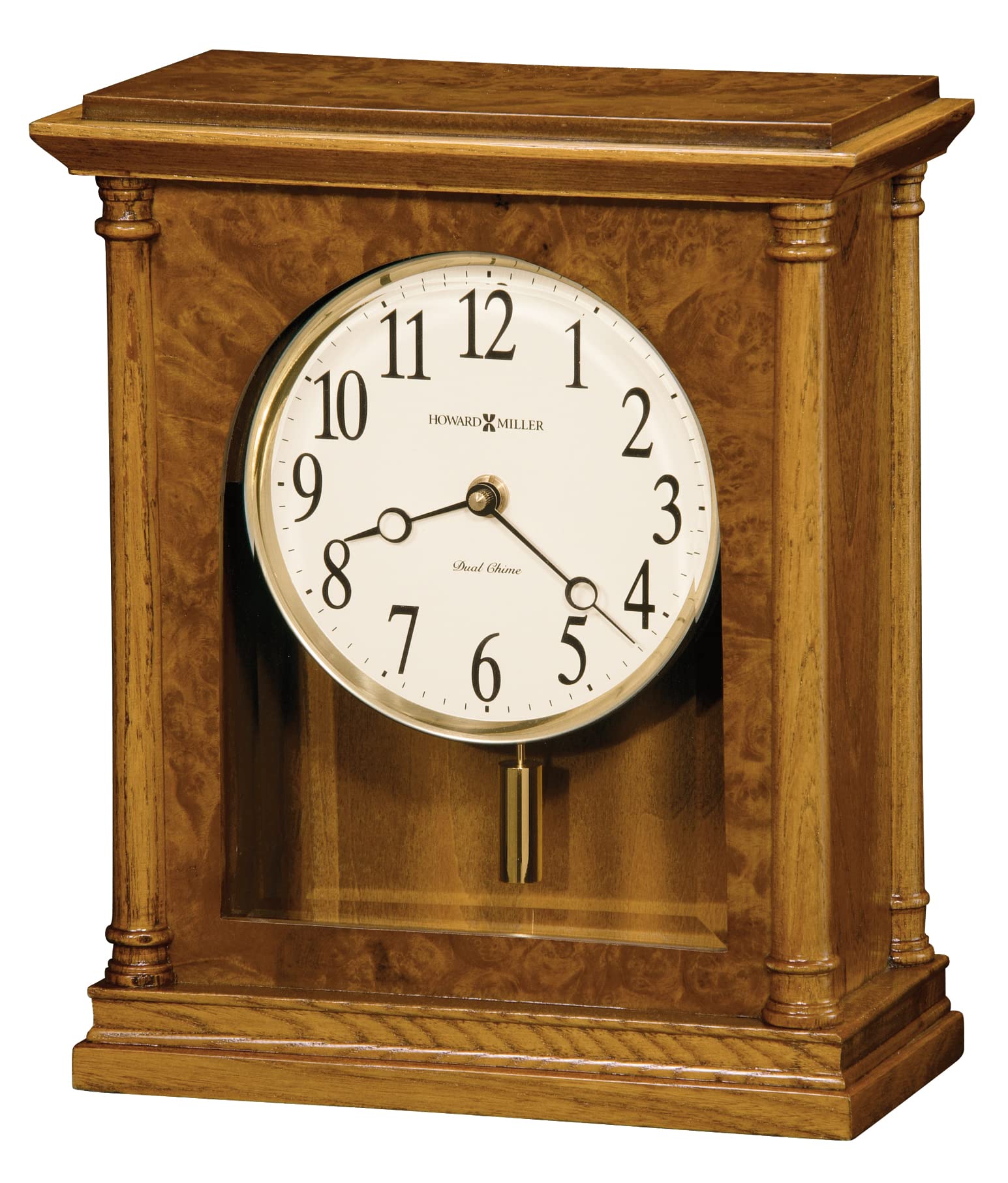 Howard Miller Leadore Mantel Clock 547-726 – Golden Oak Finish, Antique Home Decor, Brass-Finished Cylindrical Pendulum, Volume Control, Quartz, Dual-Chime Movement
