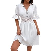 Eyelet Dress for Women, Women's Patchwork Lace Fashionable V Neck Waist Cinching Solid Color Spring, S XL