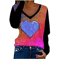 Valentines Day Glitter Tie Dye Shirts for Women Long Sleeve Cute Heart T-Shirts Casual Trendy Color Block Tee Tops