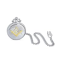 Bling Jewelry Personalize It Mens Two Tone Freemasonry Compass Roman Numeral White Skeleton Dial Quartz Freemason Masonic Symbol Pocket Watch for Men Silver Gold Plated with Long Pocket Chain