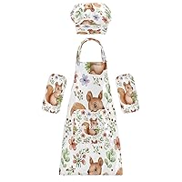 Cute Squirrel 3 Pcs Kids Apron Toddler Chef Painting Baking Gardening (with Pockets) Adjustable Artist Apron for Boys Girls-M