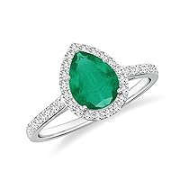 Natural Emerald Pear Halo Ring with Diamonds for Women in Sterling Silver / 14K Solid Gold/Platinum