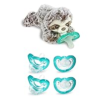RaZbaby Sloth RaZbuddy Jollypop with 4 Added 0-3M Pacifiers (Teal, 4 Count), Pacifier Plush Holder w/Removable Baby Pacifier - BPA Free