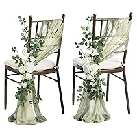 Ling's Moment Wedding Chair Decorations Aisle Pew Church Artificial Flowers With Hanging Fabric 8Pcs White Sage Green Bench Ceremony Reception Floral Faux Backdrop Rose Arrangement Party Outdoor Decor