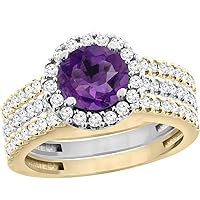 10K Gold Natural Amethyst 3-Piece Ring Set Two-tone Round 6mm Halo Diamond, sizes 5-10