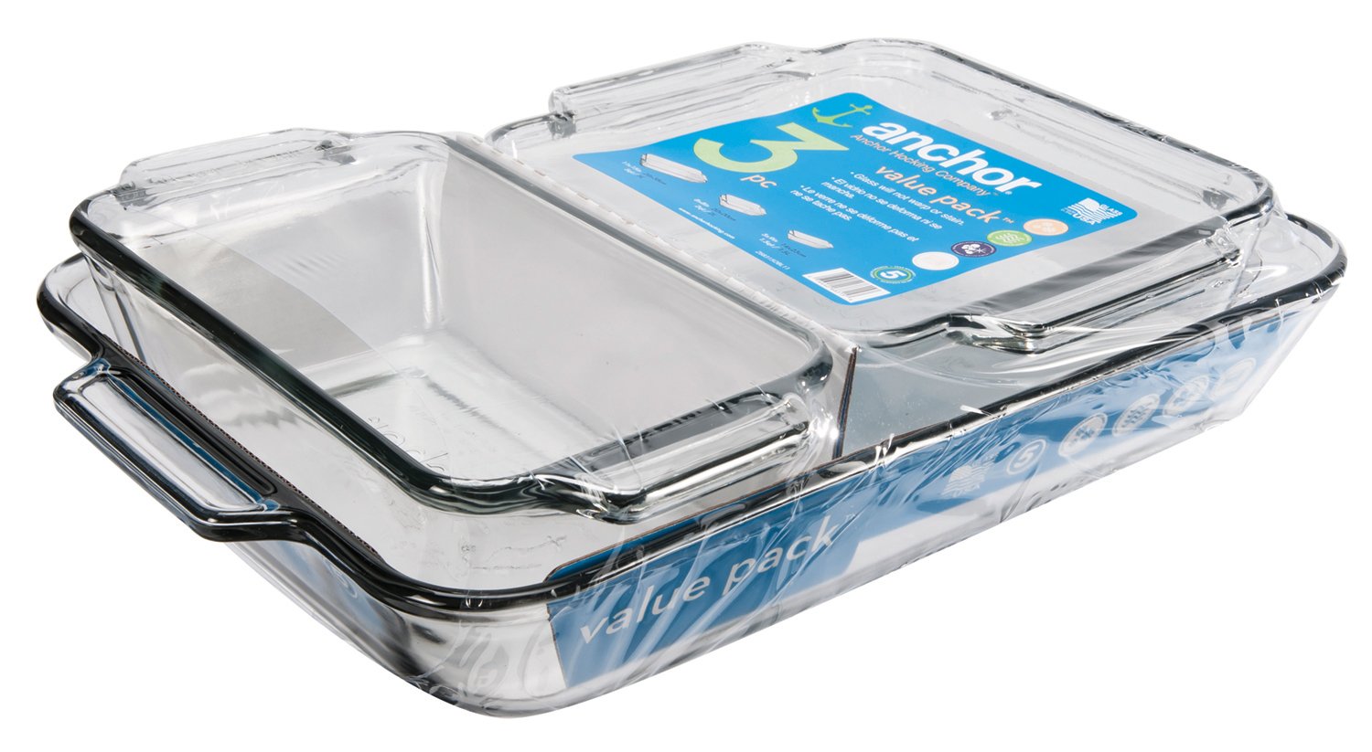 Anchor Hocking Oven Basics 3-Piece Glass Bakeware Set with Square Cake, Rectangular, and Loaf Baking Dishes