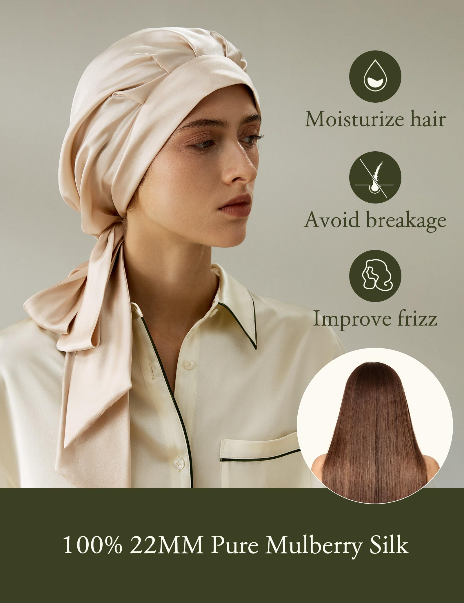 LILYSILK 100% 22MM Pure Mulberry Silk Sleep Cap Womens Silk Bonnet for Sleeping & Hair Care Night Hair Wrap Elastic
