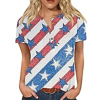 American Flag 4Th of July 2024 Cute Star Stripes 1 Pocket Button Down V Neck Short Sleeve Tshirt Tops for Women