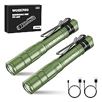 WORKPRO Rechargeable Pen Light, Mini Flashlight, 2 Pack Ultra-Compact EDC Flashlight, Pocket Flashlight with Clip, Memory Function and 5 x USB C Cable Included, Green