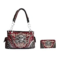 western rhinestone skull concho stitched handbag purse set (red)