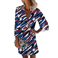 July 4th Dresses Patriotic Dress for Women Sexy Casual Vintage Print with 3/4 Length Sleeve Deep V Neck Independence Day Dresses Navy Small