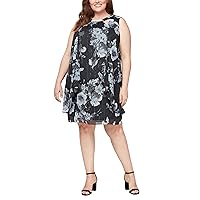 S.L. Fashions Women's Plus Size Short Sleeveless Floral Printed Dress with Embellished Neckline and Cascade Detail