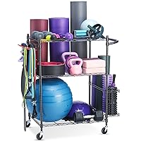 Yoga Mat Storage Rack, Home Gym Workout Equipment Storage Rack, Cart for Organizing Workout Room, Organizer Yoga Equipment Dumbbell Kettlebells Home Gym Storage Rack with Hooks and Wheels