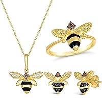 Chocolate Diamond Honey Bee Stud Earrings, Pendant Necklace and Ring Size 7 for Women I 14k Yellow Gold Jewelry Set I Push Back Studs I 18 Inch Long Chain Necklace I Brown, Black, White Gems by LeVian