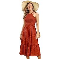 IMEKIS Women Summer Halter Midi Dress Swiss Dot Tie Back Ruffle A-line Dress Sleeveless Smocked Backless Flowy Beach Sundress