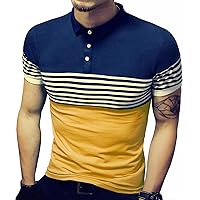Mens Summer Slim Fit Contrast Color Stitching Stripe Short Sleeve Polo Casual T-Shirts