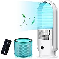 ULTTY Bladeless Tower Fan and Air Purifier Combo, True HEPA Filter 99.97% Smoke Dust Pollen Dander, Oscillating Tower Fan with Remote Control CR021, White