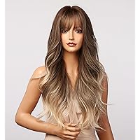 Ombre Brown to Ash Blonde Wigs with Bangs, Long Wavy Synthetic Hair Wig 22 inch