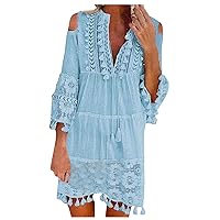 Boho Dress for Women,Elegant Fringe Sexy V Neck Cold Shoulder Long Sleeve Lace Flowy Plus Size Summer Mini Dress